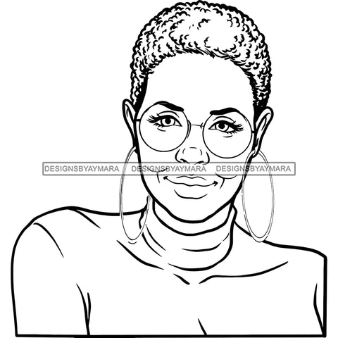 Old Woman Highneck Shirt Earrings Jewelry Round Glasses Curly Grey Hair Boycut Seniors Grandma Older Lady Classy Mature Elderly Black Girl Magic Melanin Nubian African American Lady SVG JPG PNG Vector Clipart Cricut Silhouette Cut Cutting Black And White