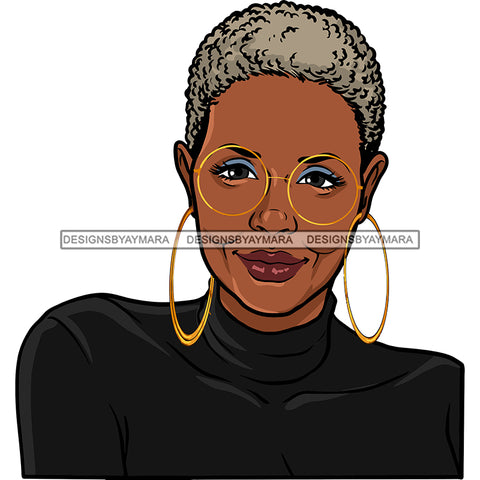 Old Woman Highneck Shirt Gold Earrings Jewelry Round Glasses Curly Grey Hair Boycut Seniors Grandma Older Lady Classy Mature Elderly Black Girl Magic Melanin Nubian African American Lady SVG JPG PNG Vector Clipart Cricut Silhouette Cut Cutting