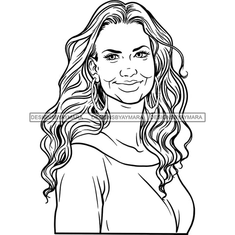 Smiling Black Woman Off Shoulder Shirt Earrings Jewelry Curly Wavy Hair Seniors Grandma Older Lady Classy Mature Elderly Girl Magic Melanin Nubian African American Lady SVG JPG PNG Vector Clipart Cricut Silhouette Cut Cutting Black And White