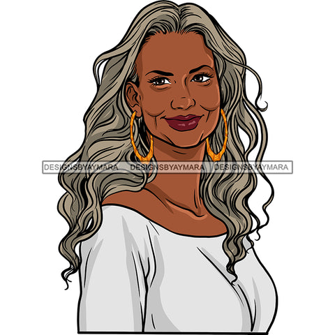 Smiling Black Woman Off Shoulder Shirt Gold Earrings Jewelry Lipstick Curly Wavy Hair Seniors Grandma Older Lady Classy Mature Elderly Girl Magic Melanin Nubian African American Lady SVG JPG PNG Vector Clipart Cricut Silhouette Cut Cutting