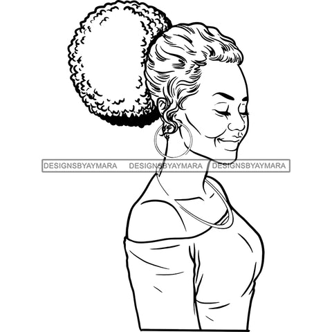 Afro Woman Mature Portrait Side View Nubian Classy Flawless Hoop Earrings Puffy Up Do Hairstyle B/W SVG JPG PNG Designs Cricut Silhouette Cut Cuttings