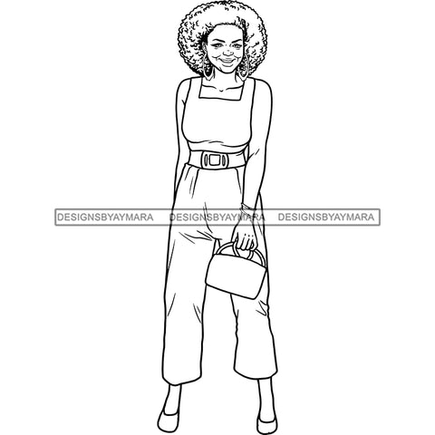 Black Old Woman Standing Sleeveless Shirt Earrings Hand Bag Jewelry Curly Hair Seniors Grandma Older Lady Classy Mature Elderly Girl Magic Melanin Nubian African American Lady SVG JPG PNG Vector Clipart Cricut Silhouette Cut Cutting Black And White