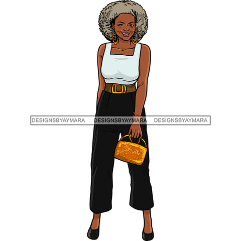 Black Old Woman Standing Sleeveless Shirt Gold Earrings Hand Bag Jewelry Curly Hair Seniors Grandma Older Lady Classy Mature Elderly Girl Magic Melanin Nubian African American Lady SVG JPG PNG Vector Clipart Cricut Silhouette Cut Cutting