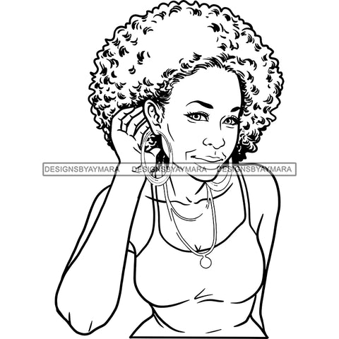 Black Woman Sitting Sexy Hot Dress Earrings Necklace Jewelry Curly Hair Seniors Grandma Older Lady Classy Mature Elderly Girl Magic Melanin Nubian African American Lady SVG JPG PNG Vector Clipart Cricut Silhouette Cut Cutting Black And White