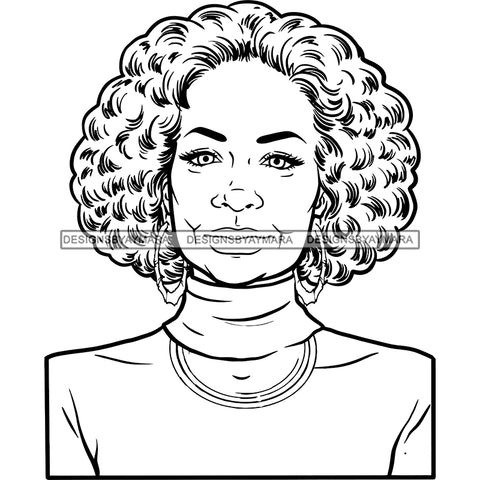 Black Woman Highneck Shirt Dress Earrings Necklace Jewelry Curly Hair Seniors Grandma Older Lady Classy Mature Elderly Girl Magic Melanin Nubian African American Lady SVG JPG PNG Vector Clipart Cricut Silhouette Cut Cutting Black And White