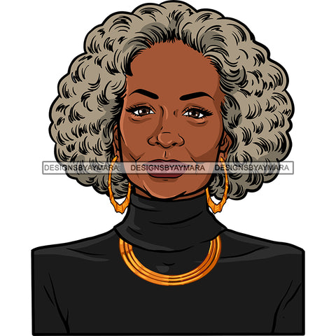 Black Woman Highneck Shirt Dress Gold Earrings Necklace Jewelry Lipstick Curly Hair Seniors Grandma Older Lady Classy Mature Elderly Girl Magic Melanin Nubian African American Lady SVG JPG PNG Vector Clipart Cricut Silhouette Cut Cutting