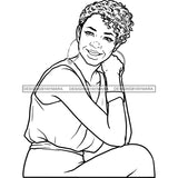 Black Smiling Woman Sleeveless Shirt Earrings Bracelet Lipstick Curly Hair Boycut Seniors Grandma Older Lady Classy Mature Elderly Girl Magic Melanin Nubian African American Lady SVG JPG PNG Vector Clipart Cricut Silhouette Cut Cutting Black And White