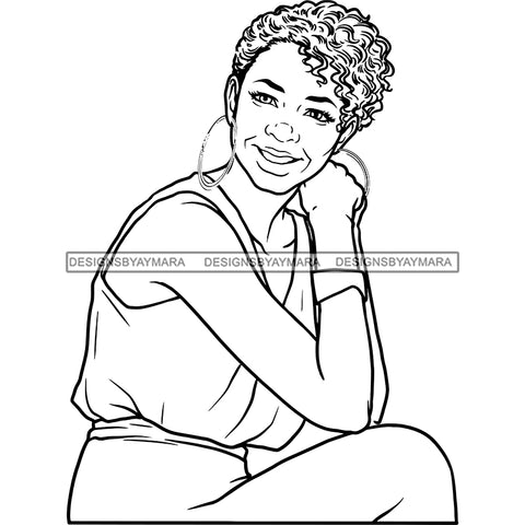 Black Smiling Woman Sleeveless Shirt Earrings Bracelet Lipstick Curly Hair Boycut Seniors Grandma Older Lady Classy Mature Elderly Girl Magic Melanin Nubian African American Lady SVG JPG PNG Vector Clipart Cricut Silhouette Cut Cutting Black And White