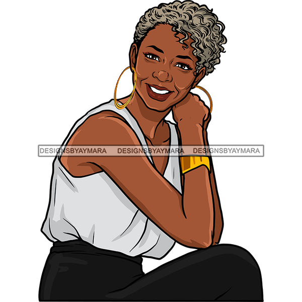 Black Smiling Woman Sleeveless Shirt Dress Gold Earrings Bracelet Jewelry Lipstick Curly Hair Boycut Seniors Grandma Older Lady Classy Mature Elderly Girl Magic Melanin Nubian African American Lady SVG JPG PNG Vector Clipart Cricut Silhouette Cut Cutting