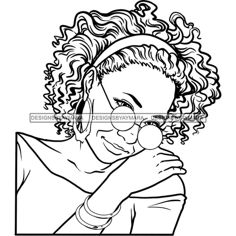 Black Woman Off Shoulder Shirt Earrings Bracelet Sunglasses Lipstick Curly Hair Band Seniors Grandma Older Lady Classy Mature Elderly Girl Magic Melanin Nubian African American Lady SVG JPG PNG Vector Clipart Cricut Silhouette Cut Cutting Black And White