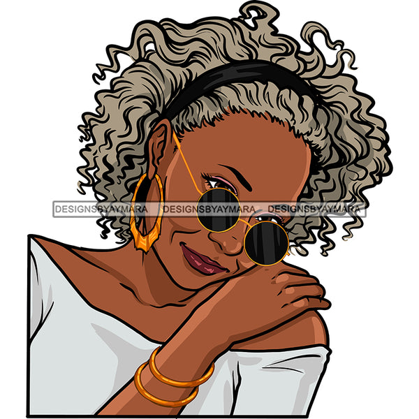 Black Woman Off Shoulder Shirt Earrings Bracelet Sunglasses Lipstick Curly Hair Band Seniors Grandma Older Lady Classy Mature Elderly Girl Magic Melanin Nubian African American Lady SVG JPG PNG Vector Clipart Cricut Silhouette Cut Cutting