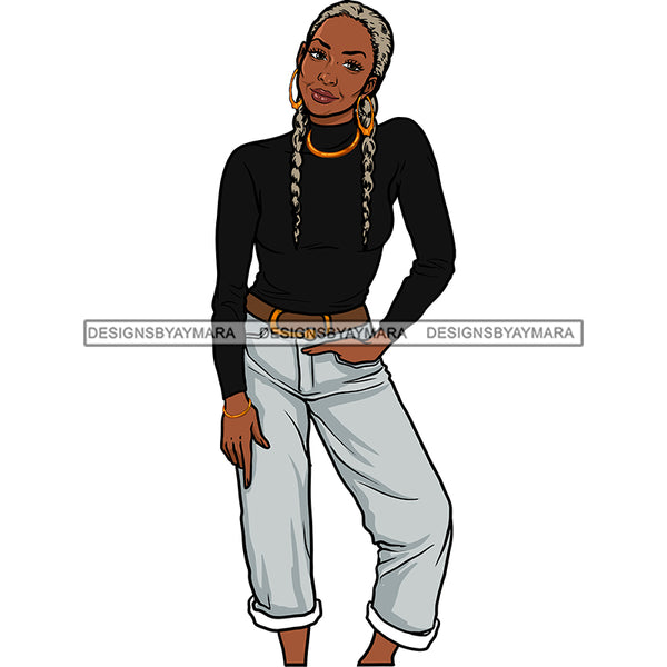 Black Woman Highneck Shirt Capri Gold Earrings Necklace  Curly Braided Hairs Seniors Grandma Older Lady Classy Mature Elderly Girl Magic Melanin Nubian African American Lady SVG JPG PNG Vector Clipart Cricut Silhouette Cut Cutting