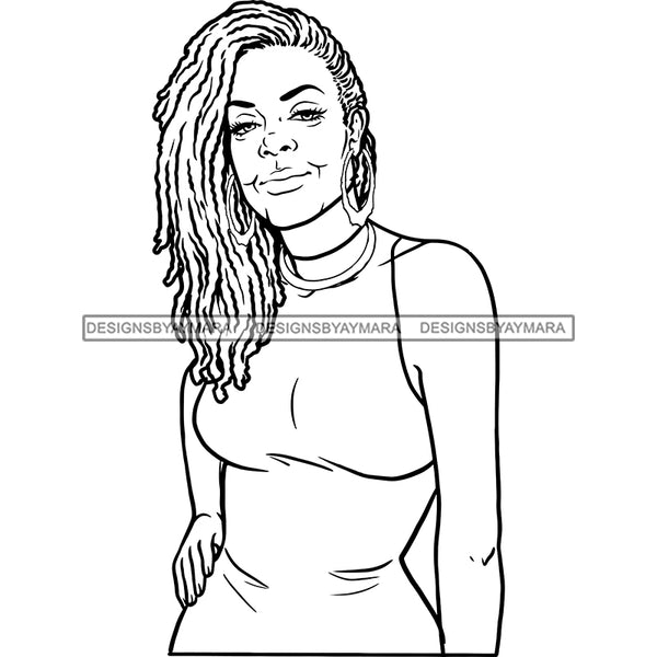 Smiling Black Woman Sleeveless Dress Shirt Earrings Necklace  Curly Braided Hairs Seniors Grandma Older Lady Classy Mature Elderly Girl Magic Melanin Nubian African American Lady SVG JPG PNG Vector Clipart Cricut Silhouette Cut Cutting Black And White