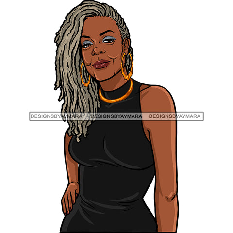 Smiling Black Woman Sleeveless Dress Shirt Gold Earrings Necklace  Curly Braided Hairs Seniors Grandma Older Lady Classy Mature Elderly Girl Magic Melanin Nubian African American Lady SVG JPG PNG Vector Clipart Cricut Silhouette Cut Cutting