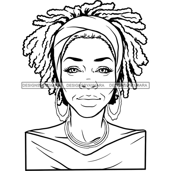 Afro Woman Mature Portrait Nubian Classy Flawless Earrings Necklace Black Magic Headband Short Dreadlocks Hairstyle B/W SVG JPG PNG Designs Cricut Silhouette Cut Cuttings