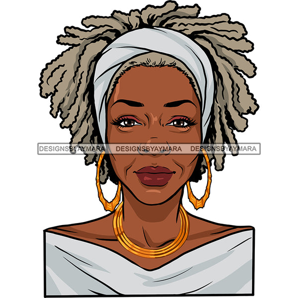 Afro Woman Mature Portrait Nubian Classy Flawless Earrings Necklace Black Magic Headband Grey Short Dreadlocks Hairstyle SVG JPG PNG Designs Cricut Silhouette Cut Cuttings