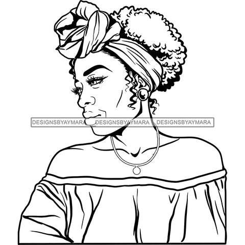 Black Old Woman Off Shoulder Dress Shirt Necklace  Earrings Curly Hairs Band Seniors Grandma Older Lady Classy Mature Elderly Girl Magic Melanin Nubian African American Lady SVG JPG PNG Vector Clipart Cricut Silhouette Cut Cutting Black And White