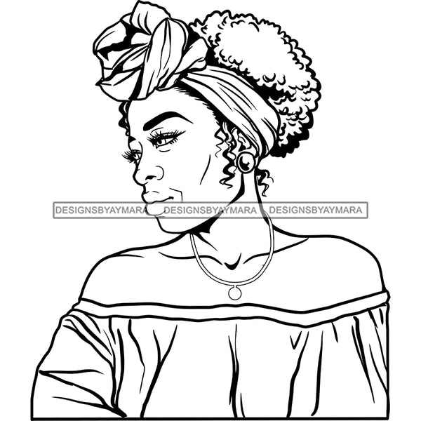 Afro Woman Mature Portrait Side View Nubian Classy Flawless Headwrap Puffy Up Do Hairstyle B/W SVG JPG PNG Designs Cricut Silhouette Cut Cuttings