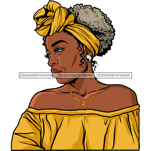 Black Old Woman Off Shoulder Dress Shirt Gold Necklace  Earrings Curly Hairs Band Seniors Grandma Older Lady Classy Mature Elderly Girl Magic Melanin Nubian African American Lady SVG JPG PNG Vector Clipart Cricut Silhouette Cut Cutting