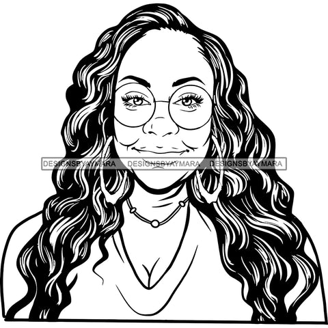 Afro Woman Mature Portrait Nubian Classy Flawless Black Magic Glasses Long Curly Hairstyle B/W SVG JPG PNG Designs Cricut Silhouette Cut Cuttings