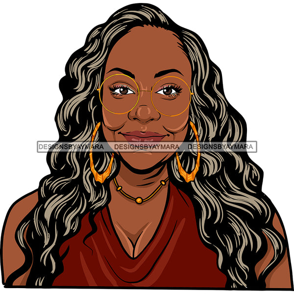 Afro Woman Mature Portrait Nubian Classy Flawless Black Magic Glasses Grey Long Curly Hairstyle SVG JPG PNG Designs Cricut Silhouette Cut Cuttings