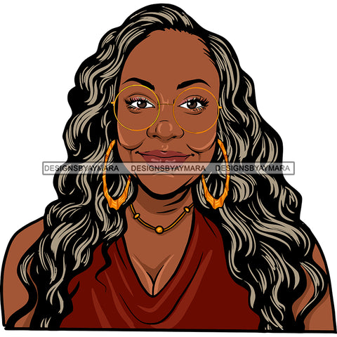 Afro Woman Mature Portrait Nubian Classy Flawless Black Magic Glasses Grey Long Curly Hairstyle SVG JPG PNG Designs Cricut Silhouette Cut Cuttings