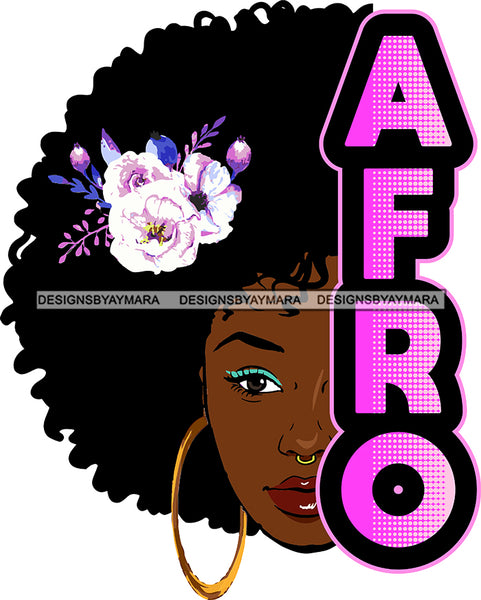 AFRO Black Woman Face Nose Pin Gold Earrings Lipstick Makeup Curly Hairs Rose Flower Classy Mature Girl Magic Melanin Nubian African American Lady SVG JPG PNG Vector Clipart Cricut Silhouette Cut Cutting