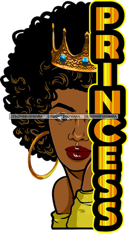 Princess Black Hot Woman Wearing Off Shoulder Face Earrings Diamond Gold Crown Lipstick Makeup Curly Hairs Hair Classy Mature Girl Magic Melanin Nubian African American Lady SVG JPG PNG Vector Clipart Cricut Silhouette Cut Cutting