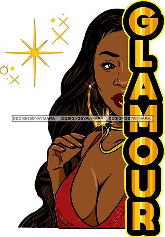 Glamour Black Hot Sexy Woman Golden Gold Shining Earrings Necklace Wearing Deep Neck Dress Lipstick Makeup Long Hairs Hair Closed Eyes Classy Mature Girl Magic Melanin Nubian African American Lady SVG JPG PNG Vector Clipart Cricut Silhouette Cut Cutting