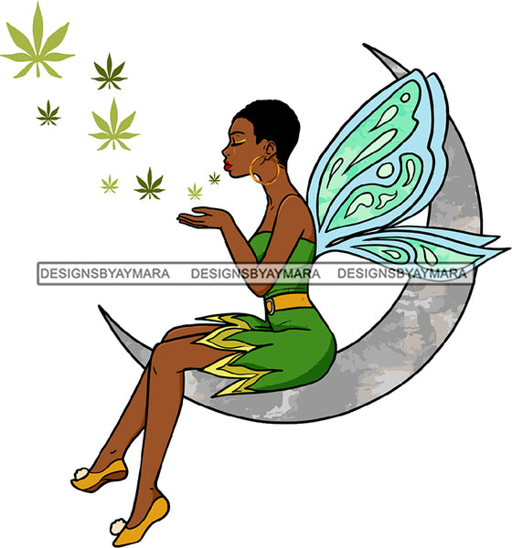 Black Woman Fairy Blowing Weed Leaves Leaves Leaf Closed Eyes Lipstick Makeup Short Hair Wearing Green Fairy Dress Sitting Moon Girl Magic Melanin Nubian African American Lady SVG JPG PNG Vector Clipart Cricut Silhouette Cut Cutting