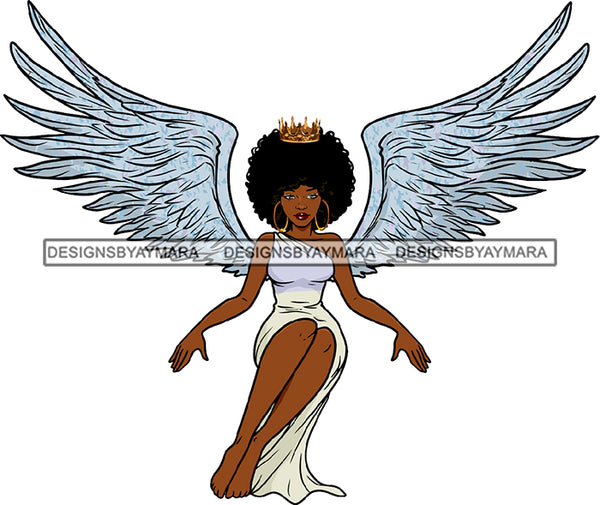 Black Woman Sitting White Hot Dress Golden Gold Earrings Crown Sky Blue Fairy Wings Melanin Girl Magic African American Lady SVG JPG PNG Vector Clipart Cricut Silhouette Cut Cutting