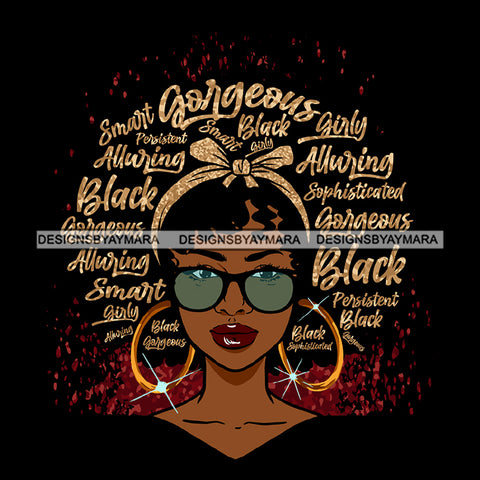 Black Gorgeous Hot Smart Beautiful Woman Face Golden Gold Earrings Lipstick Sunglasses Glasses Makeup Curly Hairs Hair Head Band Classy Mature Girl Magic Melanin Nubian African American Lady SVG JPG PNG Vector Clipart Cricut Silhouette Cut Cutting