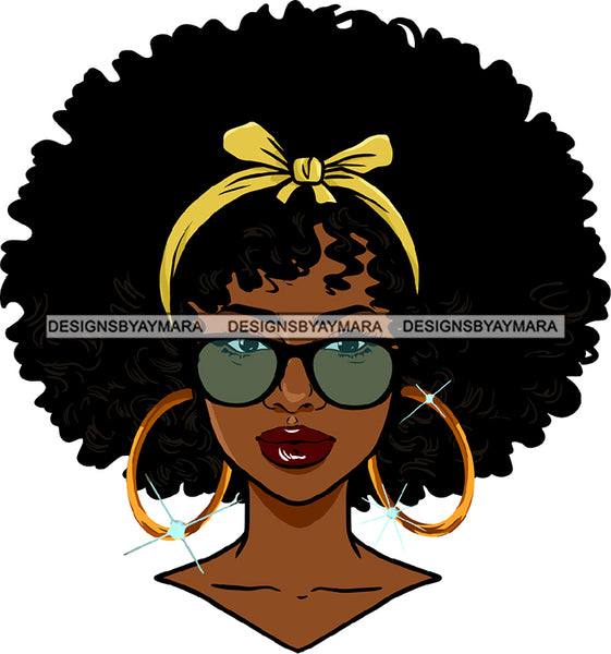 Afro Woman Face Golden Gold Earrings Lipstick Sunglasses Glasses Makeup Curly Hairs Hair Head Band Classy Mature Girl Magic Melanin Nubian African American Lady SVG JPG PNG Vector Clipart Cricut Silhouette Cut Cutting
