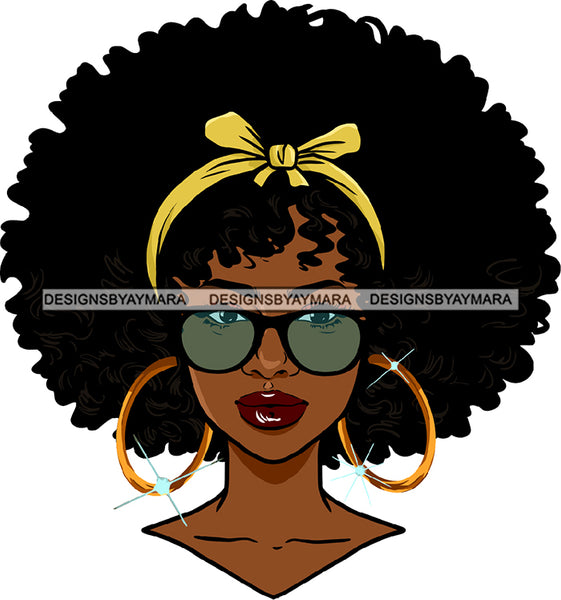 Afro Black Sexy Woman Portrait Sunglasses Melanin Hoop Earrings Headwrap Puffy Afro Hairstyle SVG JPG PNG Cutting Files For Silhouette Cricut More