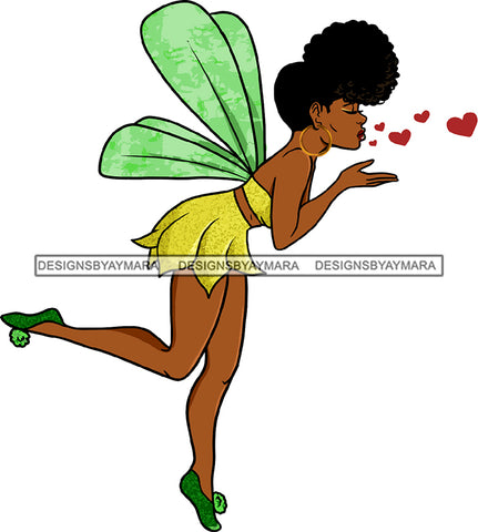 Afro Black Woman Wings Fairy Angel Fantasy Blowing Hearts Nubian Melanin Afro Up Do Hairstyle SVG JPG PNG Cutting Files For Silhouette Cricut More