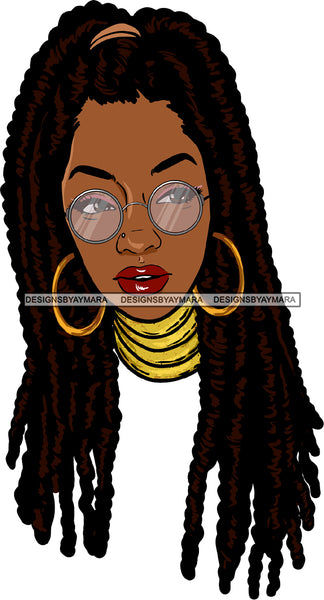 Black Woman Face Gold Earrings Necklace Sunglasses Glasses Lipstick Makeup Dreadlocks, Locs Dreads Hair Melanin Nubian African American Lady SVG JPG PNG Vector Clipart Cricut Silhouette Cut Cutting