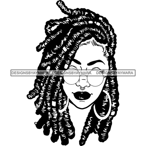 Afro Black Sexy Woman Portrait Sunglasses Melanin Hoop Earrings Dreadlocks Hairstyle B/W SVG JPG PNG Cutting Files For Silhouette Cricut More