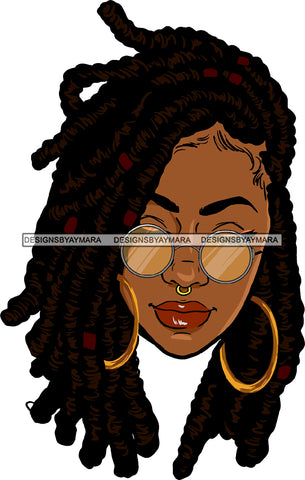Black Woman Face Golden Gold Earrings Sunglasses Glasses Lipstick Makeup Dreadlocks Dreads Locs Hair Melanin Nubian African American Lady SVG JPG PNG Vector Clipart Cricut Silhouette Cut Cutting