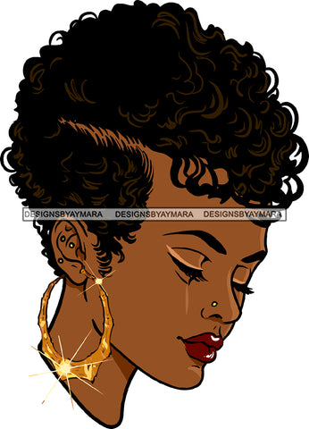 Black Woman Face Side View Golden Gold Earrings Nose Pin Lipstick Makeup Curly Hairs Hair Classy Mature Girl Magic Melanin Nubian African American Lady SVG JPG PNG Vector Clipart Cricut Silhouette Cut Cutting