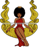 Black Queen Hot Woman Closed Eyes Lipstick Gold Crown Makeup Curly Hairs Hair Red Sleeveless Dress Sitting Girl Magic Melanin Nubian African American Lady SVG JPG PNG Vector Clipart Cricut Silhouette Cut Cutting