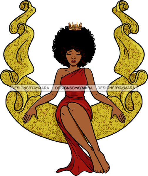 Afro Black Woman Queen Sitting Down Nubian Melanin Crown Sexy Dress Afro Hairstyle SVG JPG PNG Cutting Files For Silhouette Cricut More