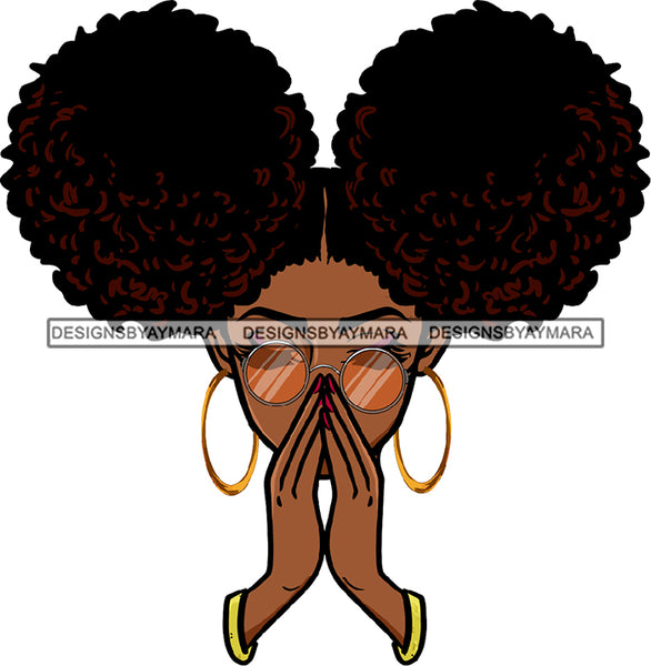 Afro Black Woman Praying Melanin Bamboo Hoop Earrings Sunglasses Puffy Pigtails Hairstyle SVG JPG PNG Cutting Files For Silhouette Cricut More