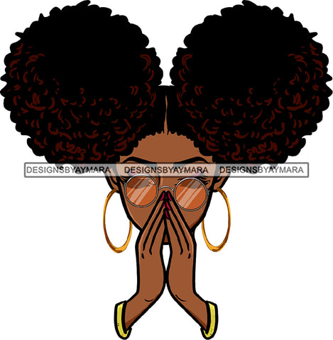 Afro Black Woman Praying Melanin Bamboo Hoop Earrings Sunglasses Puffy Pigtails Hairstyle SVG JPG PNG Cutting Files For Silhouette Cricut More