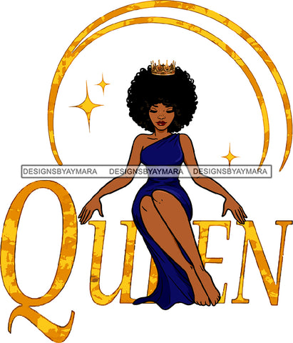 Black Queen Hot Woman Closed Eyes Lipstick Gold Crown Makeup Curly Hairs Hair Blue Sleeveless Dress Sitting Girl Magic Melanin Nubian African American Lady SVG JPG PNG Vector Clipart Cricut Silhouette Cut Cutting