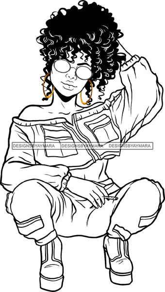 Woman Sitting Wearing Blouse Pant Sunglasses Glasses Boats Shoes Golden Gold Earrings Curly Hairs Hair Hot Classy Mature Girl Magic Melanin Nubian African American Lady SVG JPG PNG Vector Clipart Cricut Silhouette Cut Cutting