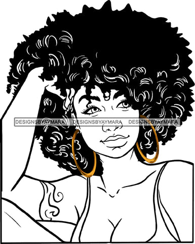 Black Woman Sitting Wearing Deep Neck Dress Bra Cleavage Golden Gold Earrings Curly Hairs Hair Arm Tattoo Hot Classy Mature Girl Magic Melanin Nubian African American Lady SVG JPG PNG Vector Clipart Cricut Silhouette Cut Cutting