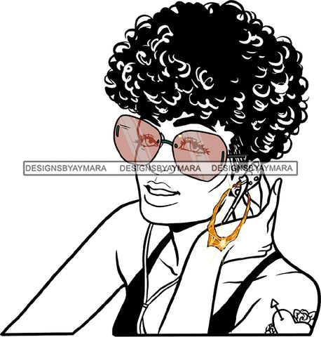 Woman Sitting Wearing Black Deep Neck Dress Bra Red Sunglasses Handsfree Listening Music Golden Gold Earrings Curly Hairs Hair Hot Classy Mature Girl Magic Melanin Nubian African American Lady SVG JPG PNG Vector Clipart Cricut Silhouette Cut Cutting