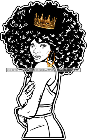 Afro Black Woman Transparent Queen Gold Crown Hoop Earrings Puffy Afro Hairstyle SVG JPG PNG Cutting Files For Silhouette Cricut More