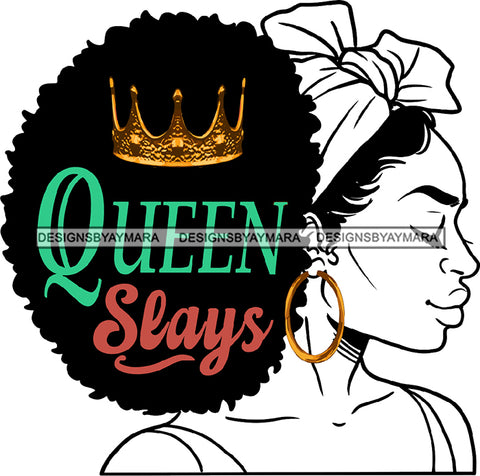 Queen Seays Black Woman Face Side View Wearing Golden Gold Earrings Crown Long Curly Hairs Hair Head Band Hot Classy Mature Girl Magic Melanin Nubian African American Lady SVG JPG PNG Vector Clipart Cricut Silhouette Cut Cutting