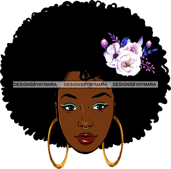 Black Woman Face Nose Pin Gold Earrings Lipstick Makeup Curly Hairs Rose Flower Classy Mature Girl Magic Melanin Nubian African American Lady SVG JPG PNG Vector Clipart Cricut Silhouette Cut Cutting